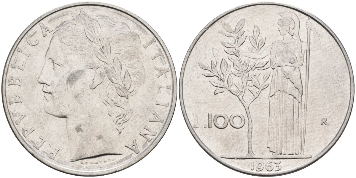 Италия 100 лир 1963 R, Афина в доспехах KM 96.1 нержавеющая сталь 4683-445