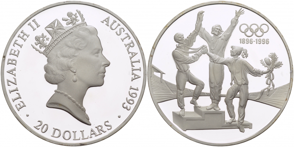 Австралия 20 долларов 1993 Олимпийские игры 1996, пьедестал, 100 лет Олимпийскому движению (1896-1996) KM 218 серебро PROOF 11-176-11
