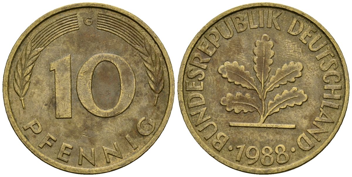 ФРГ 10 пфеннигов 1988 G KM 108 сталь плакированная латунью 4167-856