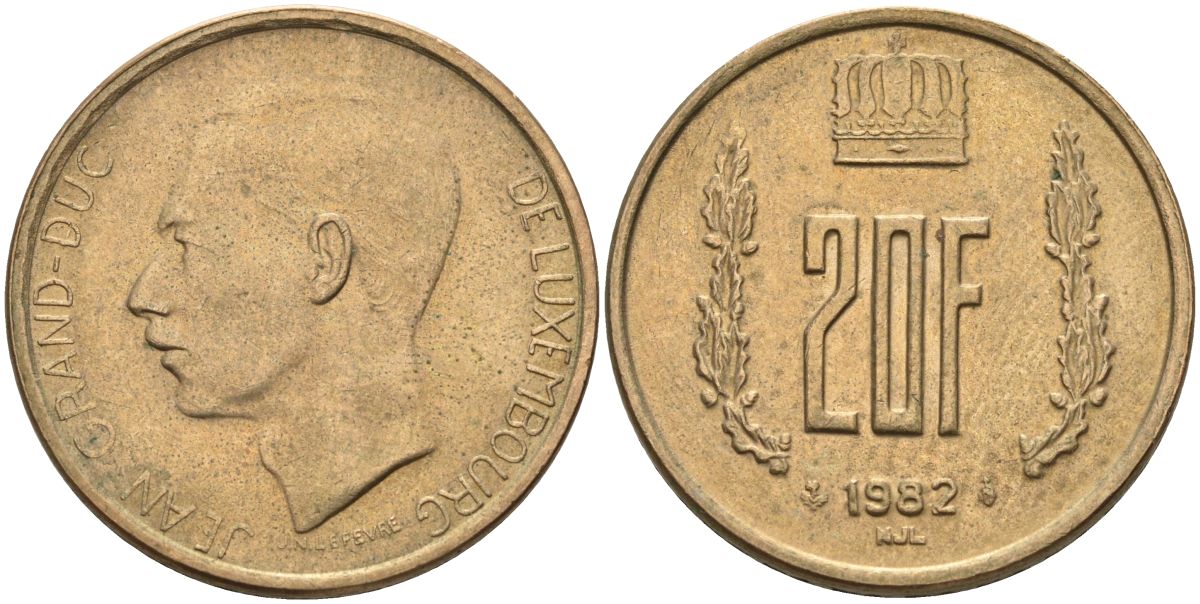 Люксембург 20 франков 1982 герцог Жан (1964-1999) KM 58 алюминиевая бронза 4150-935