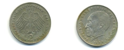 ФРГ 2 МАРКИ 1975 F АДЕНАУЭР KM 124 медно-никель плакированный никелем 54-2354