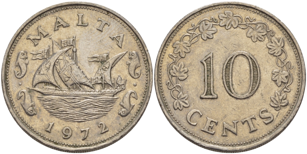 Мальта 10 центов 1972 баржа Великого магистра KM 11 медно-никель 82-331