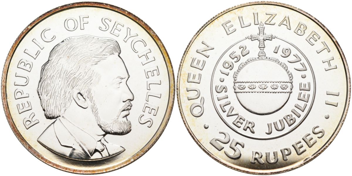 Сейшельские острова 25 рупий 1977 25 лет правления (серебрянный юбилей) королевы Елизаветы II (1952-1977) KM 38 серебро BUNC 04-326-42