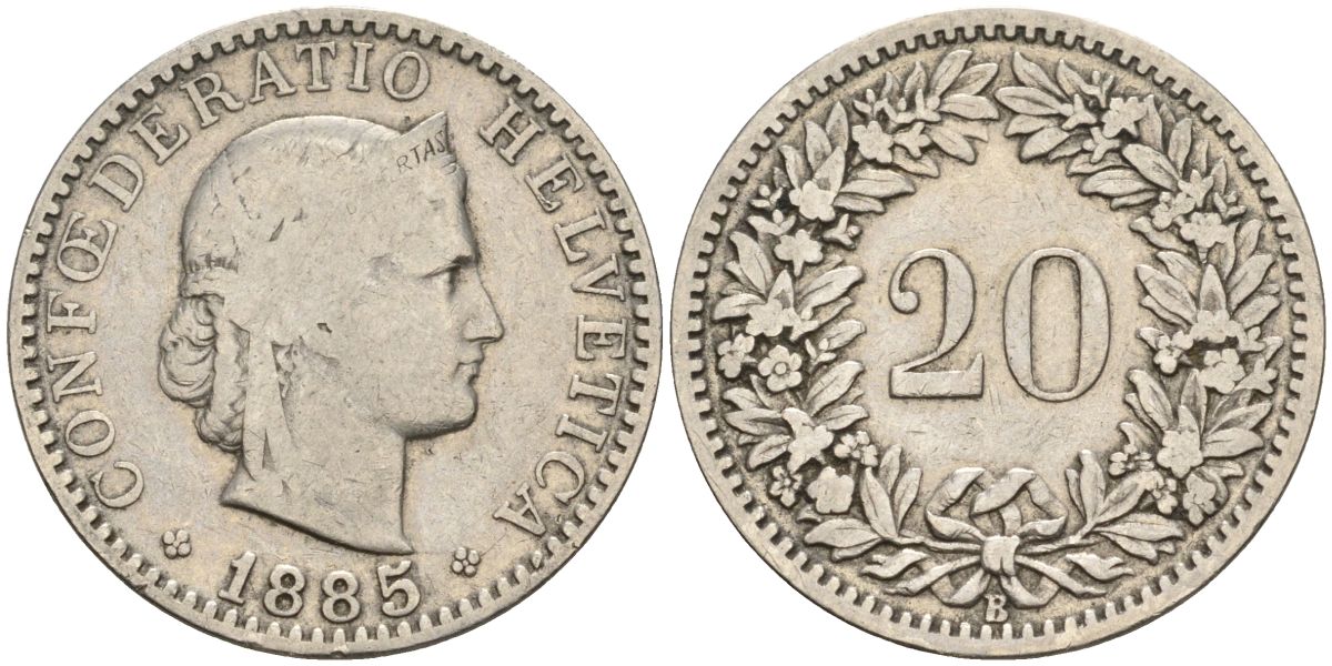 Швейцария 20 раппенов 1885 B KM 29 никель 4606-731