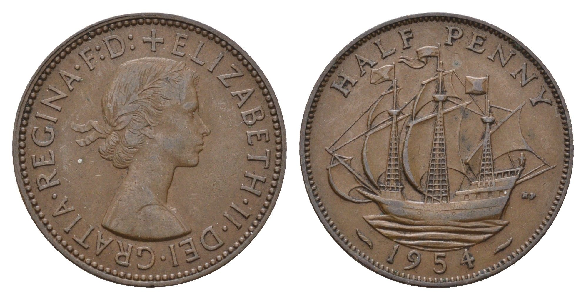 Великобритания 1/2 пенни 1954 Елизавета II (1952-2022) KM 896, Spink 4158 бронза 4519-1137