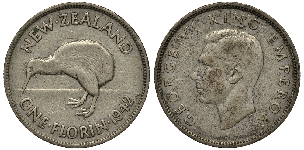 Новая Зеландия 1 флорин 1942 Георг VI (1936-1952), птичка киви KM 10.1 серебро 272-1534
