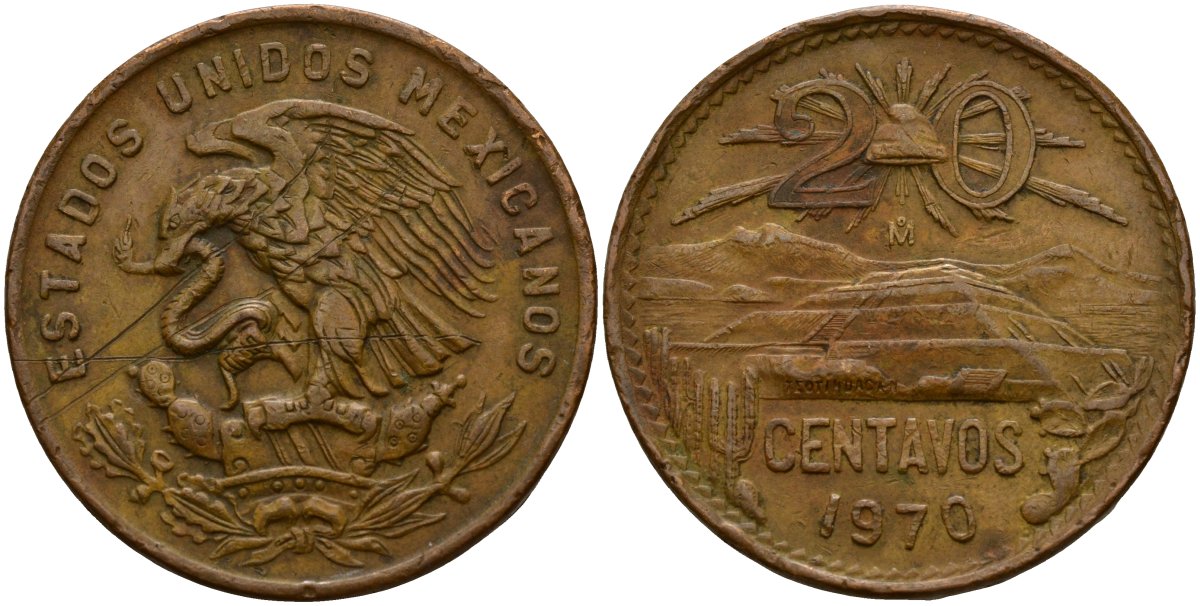 Мексика 20 сентаво 1970 KM 440 бронза 4187-847