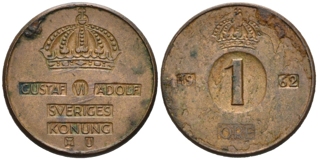 Швеция 1 эре 1962 U, Густав VI Адольф (1950-1973) KM 820 бронза 4564-733
