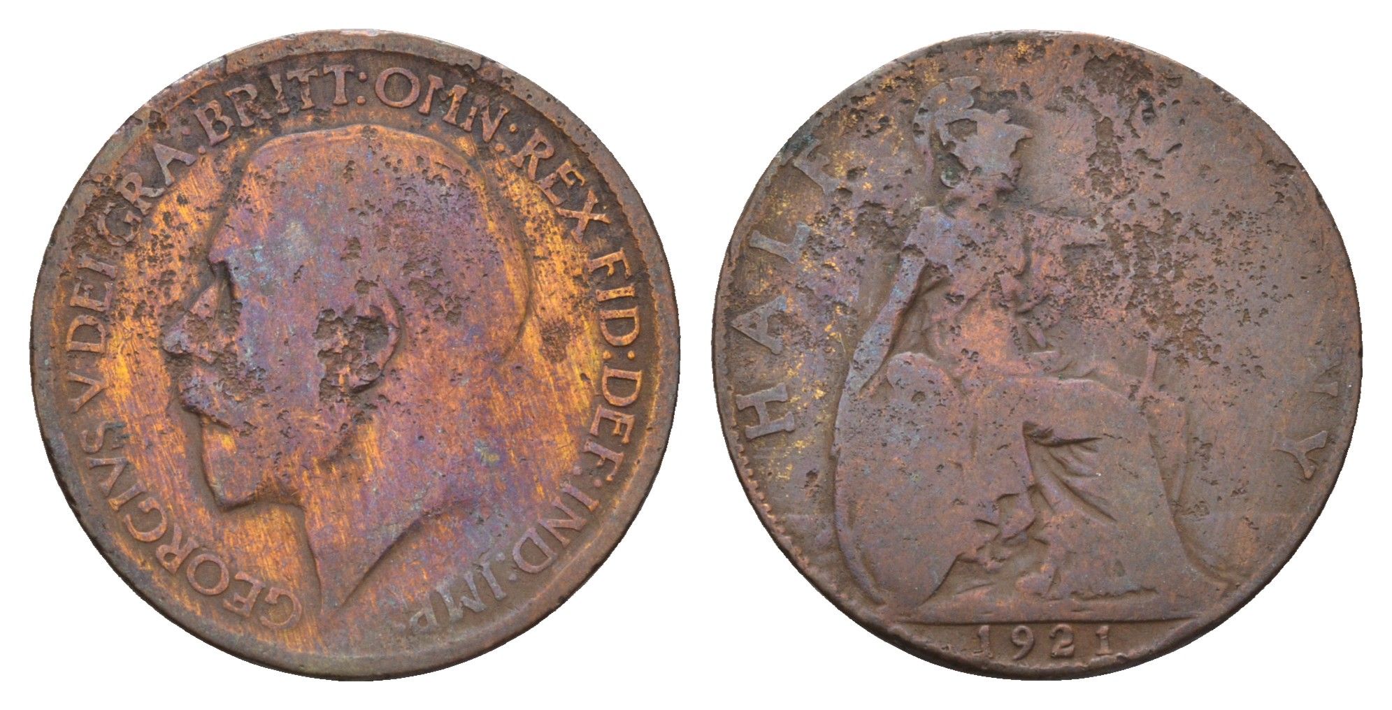 Великобритания 1/2 пенни 1921 Георг V (1910-1936) KM 809, Spink 4056 бронза 4700-1212