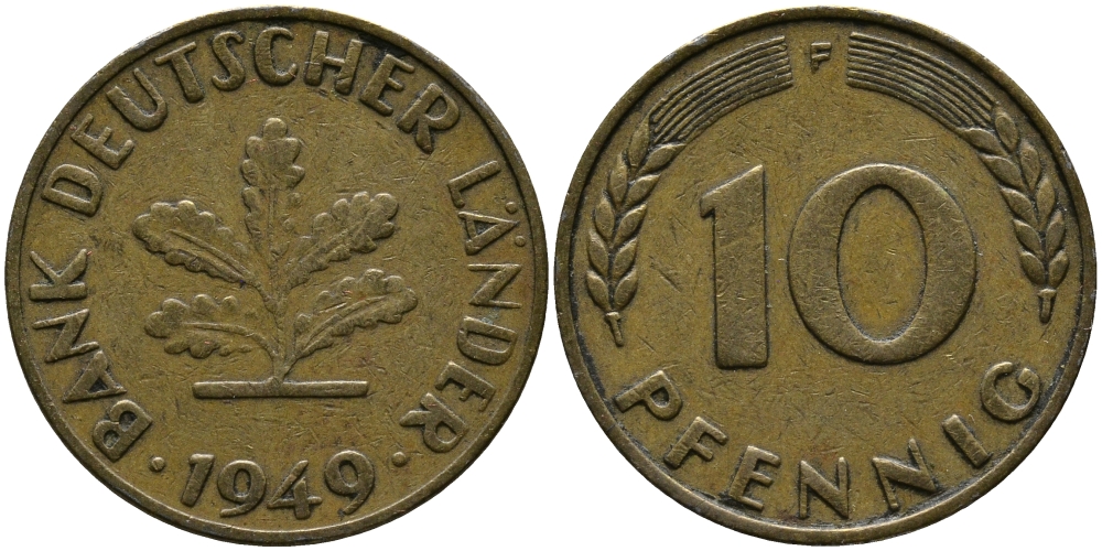 ФРГ 10 ПФЕННИГОВ 1949 F KM 103, J.378 сталь плакированная латунью 33-111