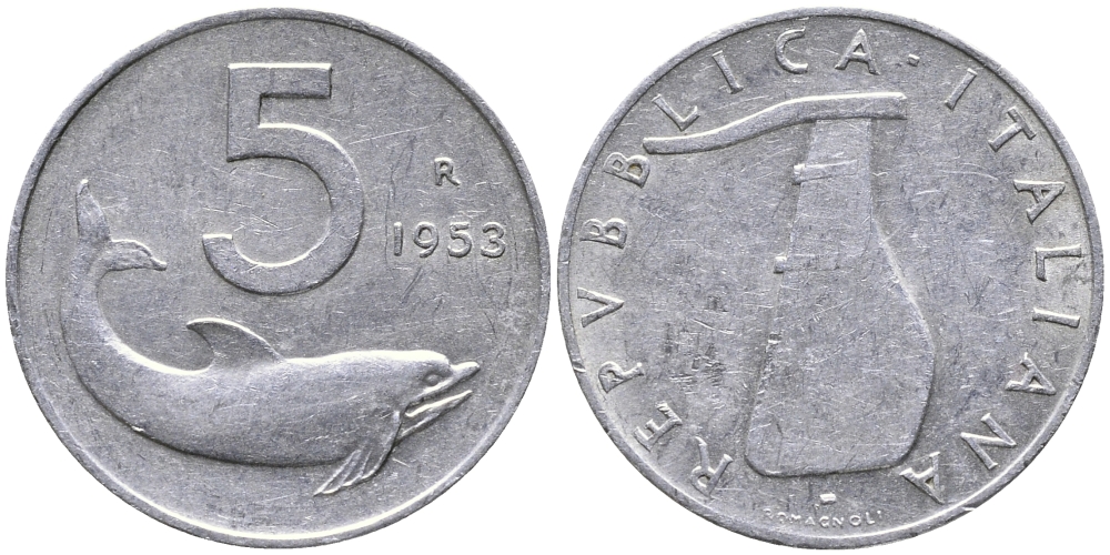 Италия 5 лир 1953 R, дельфин, плуг KM 92 алюминий 100-536