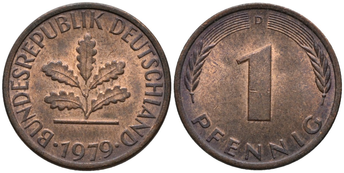 ФРГ 1 пфенниг 1979 D KM 105 сталь плакированная медью 4171-412