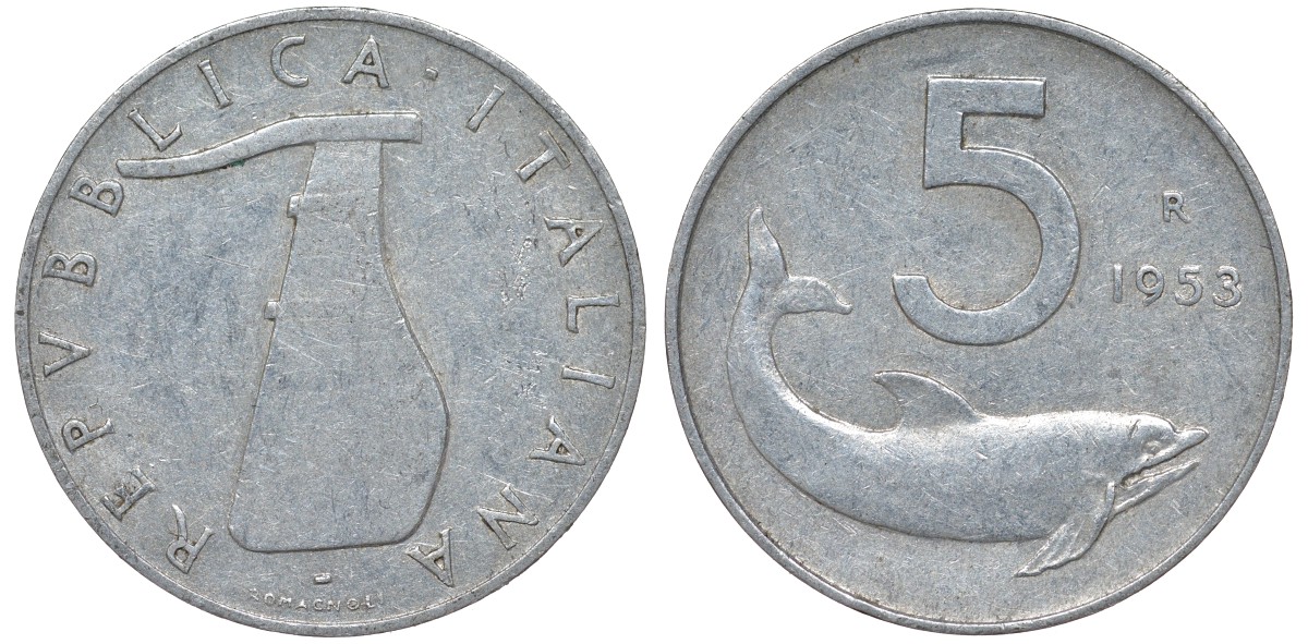 Италия 5 лир 1953 R, дельфин, плуг KM 92 алюминий 4164-419