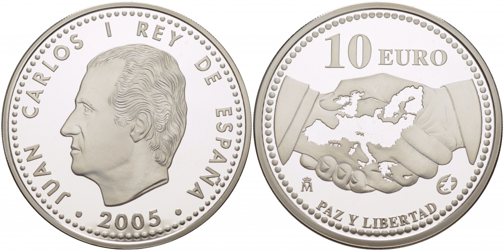 Испания 10 евро 2005 M, 60 лет миру и свободе в Европе KM 1065 серебро PROOF 01-239-25