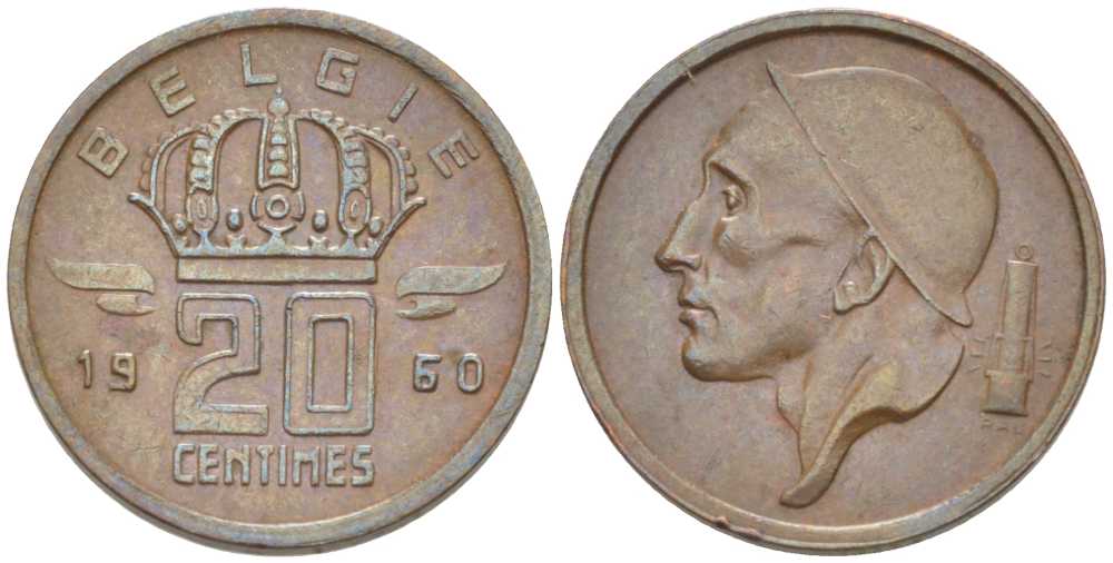 БЕЛЬГИЯ 20 САНТИМОВ 1960 BELGIE KM 147.1 бронза 201-1246