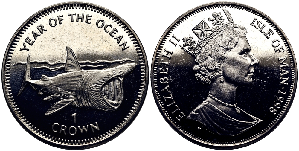 Остров Мэн 1 крона 1998 год океанов, гигантская акула КМ 896 медно-никель UNC M80-12