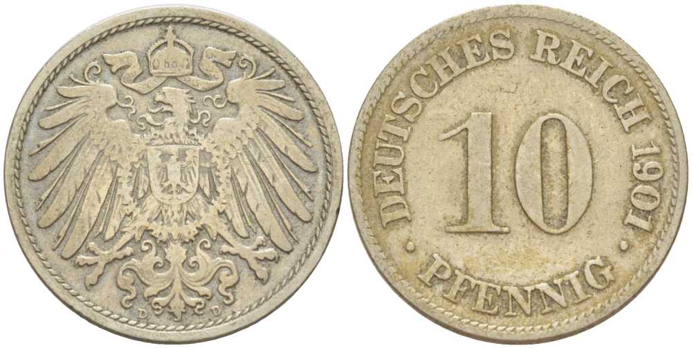 Германия 10 пфеннигов 1901 D KM 12, J. 13, Weege 8 медно-никель 259-816