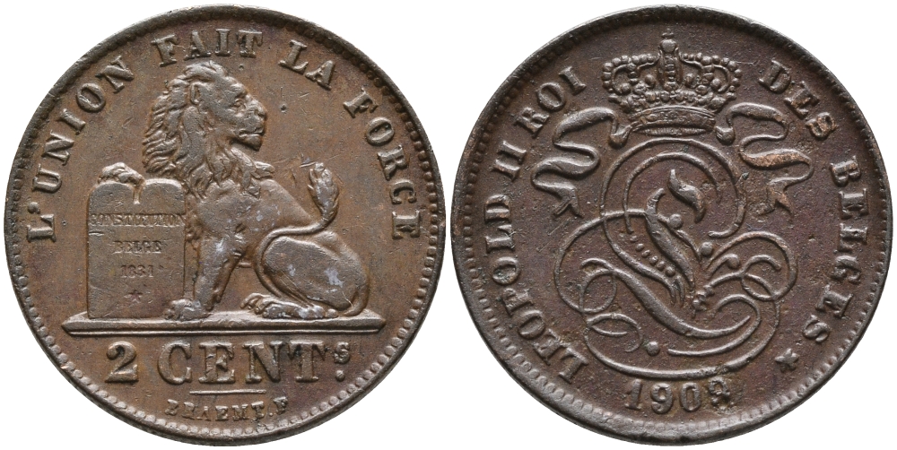 БЕЛЬГИЯ 2 САНТИМА 1909/5 BELGES KM 35.1 медь 95-645