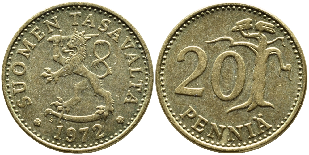 Финляндия 20 пенни 1972 S KM 47 алюминиевая бронза 4622-356