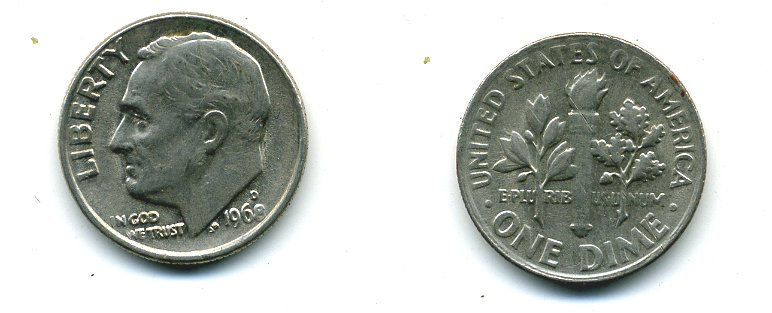 США 10 ЦЕНТОВ = 1 ДАЙМ 1968 D, РУЗВЕЛЬТ KM 195а медь плакированная медно-никелем 4364-351