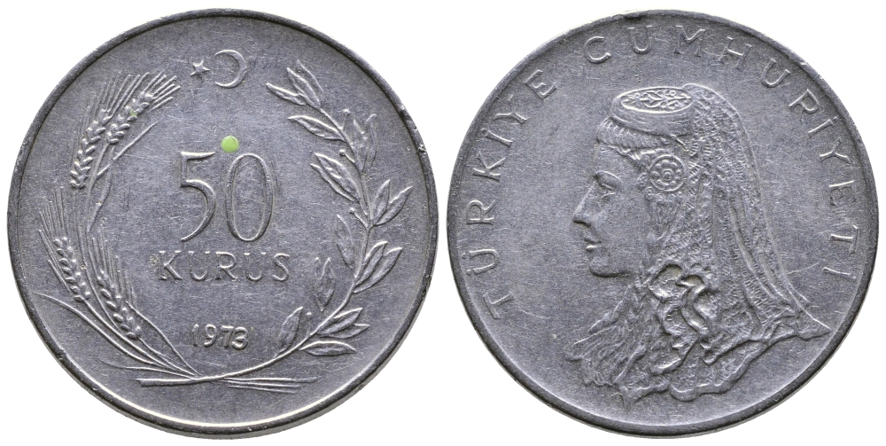 Турция 50 курушей 1973 Анатолийская невеста KM 899 нержавеющая сталь 84-1222