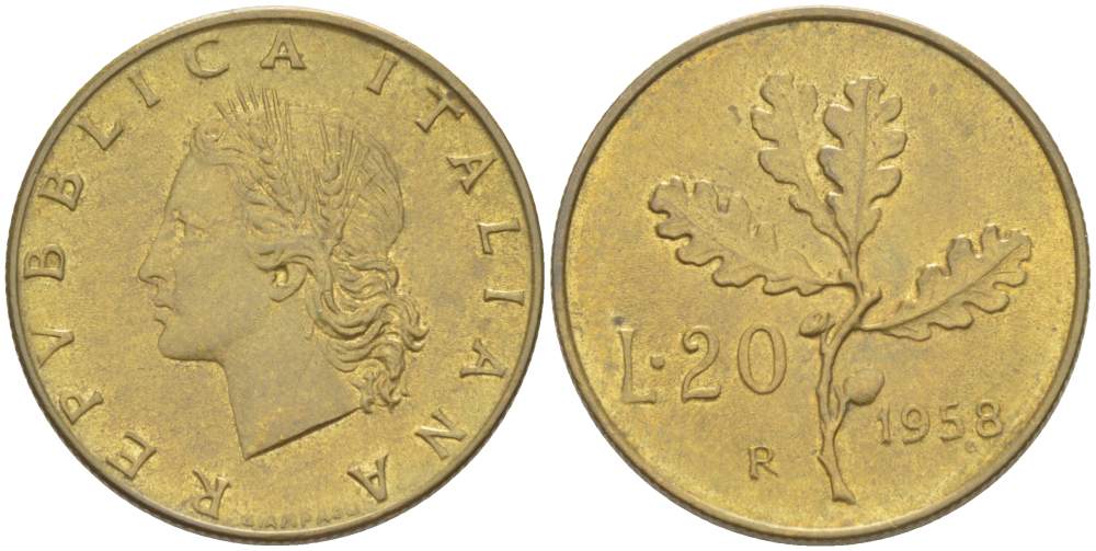 ИТАЛИЯ 20 ЛИР 1958 R, ДУБОВЫЙ ЛИСТ KM 97.1 алюминиевая бронза 4523-644