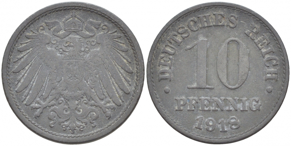 ГЕРМАНИЯ 10 ПФЕННИГОВ 1918 KM 26, J. 299 цинк 4539-1024