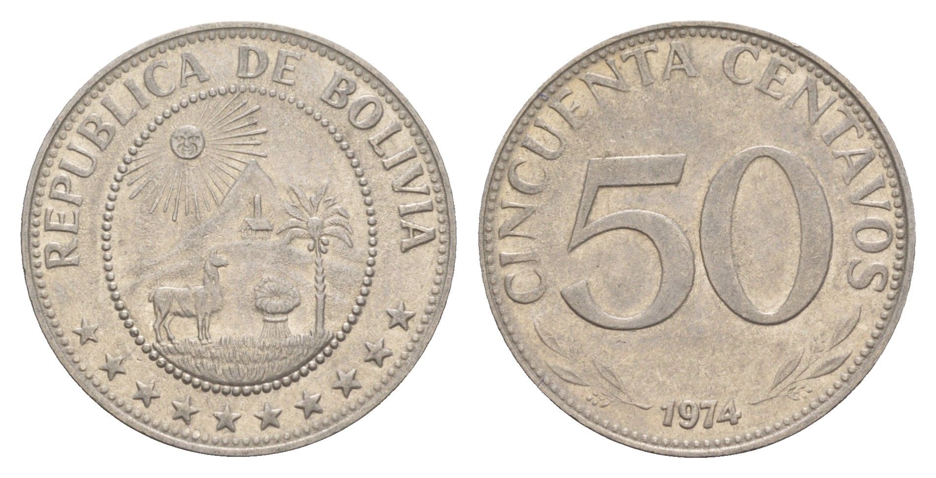 Боливия 50 сентаво 1974 KM 190 сталь плакированная никелем 4654-725