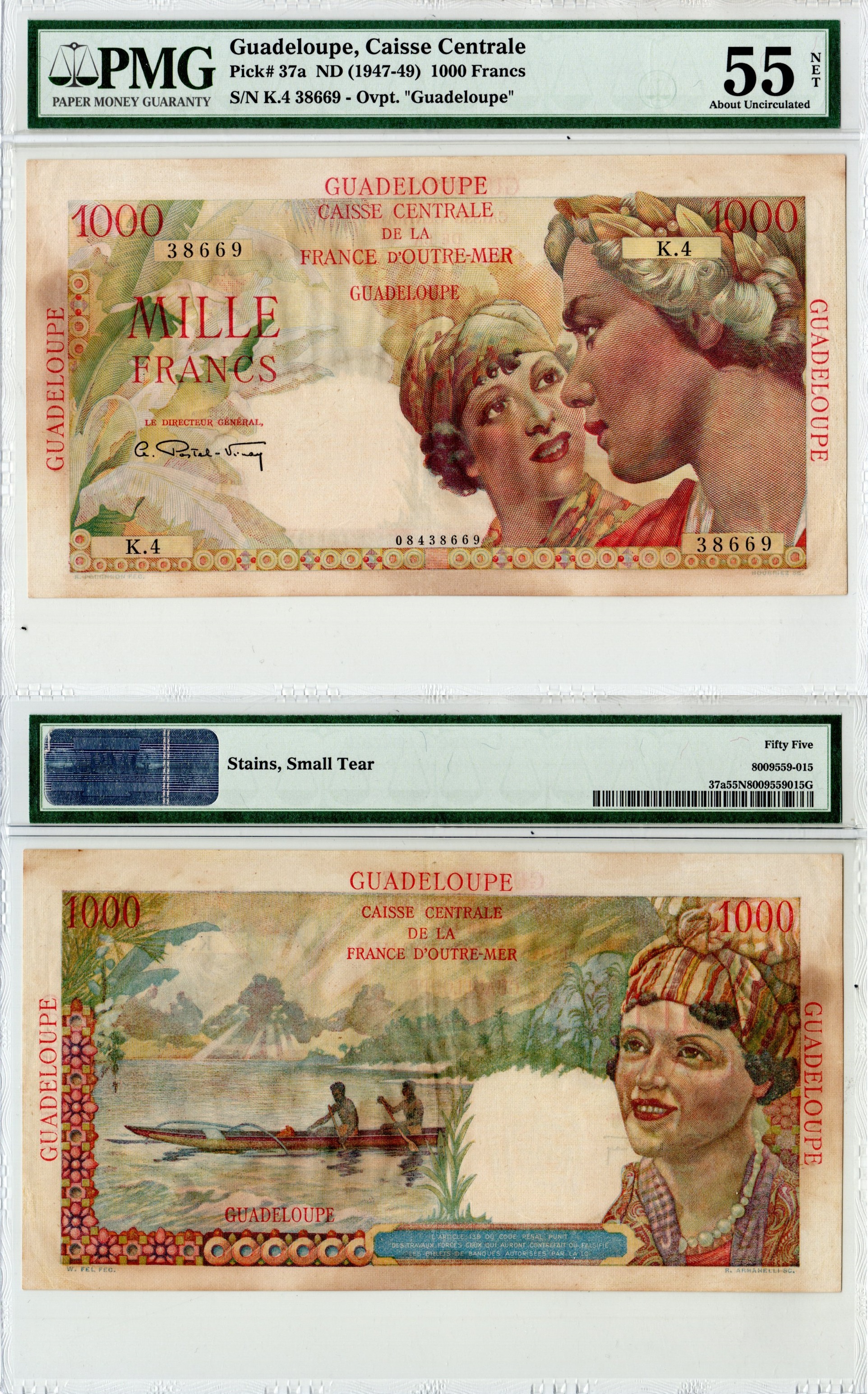 Гваделупа 1000 франков ND (1947-49) в слабе PMG 55 (about Uncirculated). Женщины в традиционных нарядах, мужчины в лодках Pick 37 a  бумага  aUNC 452-3-31