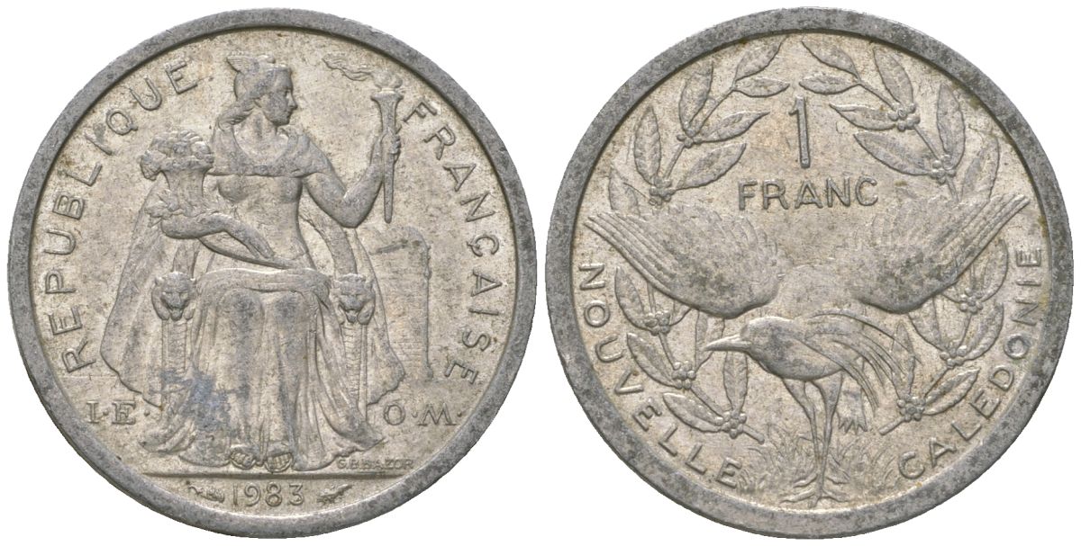 Французская Новая Каледония 1 франк 1983 птица кагу, (IEOM) KM 10, Schoen 10, Lec 46 алюминий    51-2416