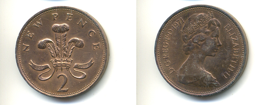 Великобритания 2 пенса 1971 Елизавета II (1952-2022) KM 916, Spink 4235 (C1) бронза 83-453