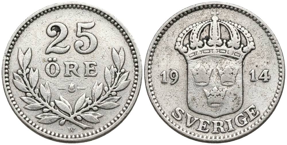 Швеция 25 эре 1914 W, Густав V (1907-1950), проба 600 KM 785 серебро 4549-1121