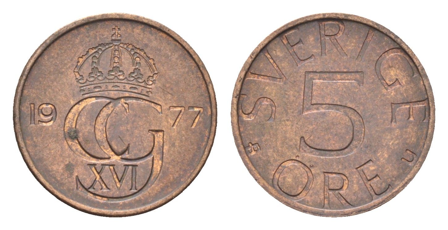 Швеция 5 эре 1977 U, Карл XVI Густав (1973- ) KM 849 бронза 4702-1038