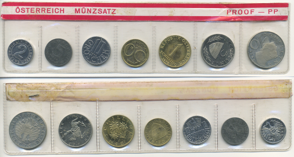 Австрия набор из 7 монет  1975  2, 5, 10, 50 грошей, 1, 5, 10 шиллингов, в целлофане KM PS 33 PROOF 4399-4-3