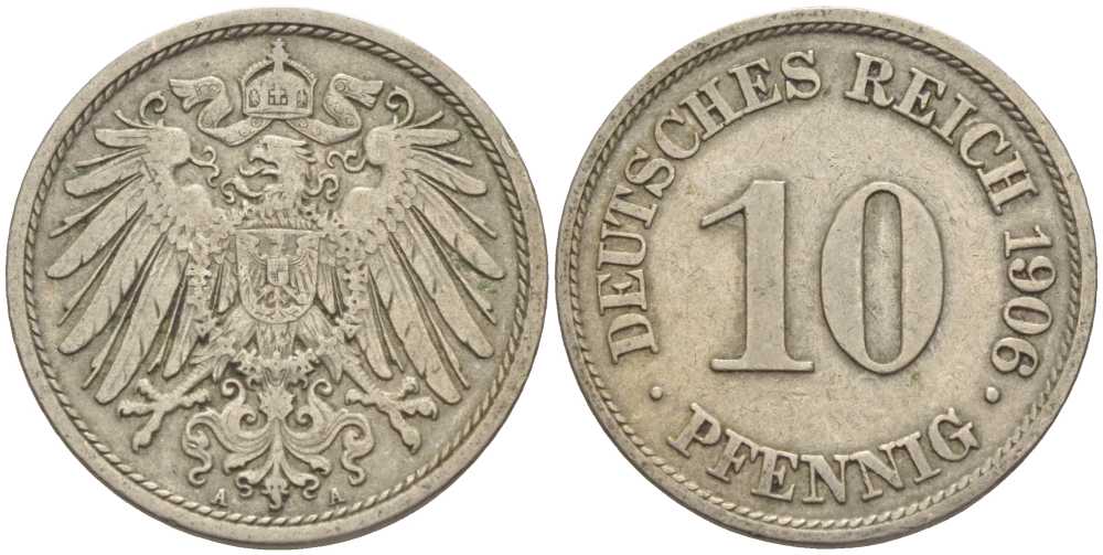 ГЕРМАНИЯ 10 ПФЕННИГОВ 1908 A KM 12, J. 13 медно-никель 31-335