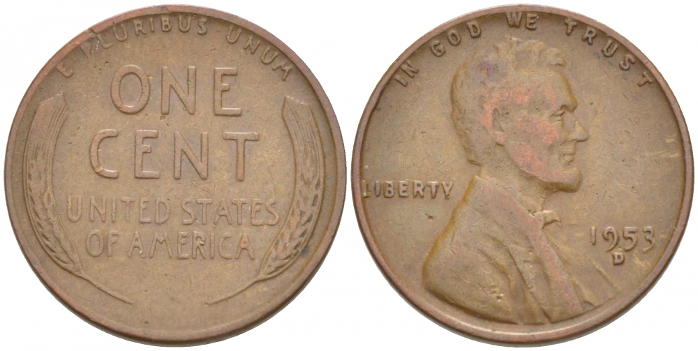 США 1 ЦЕНТ 1953 D ЛИНКОЛЬН KM A132 медь цинк 3309-238