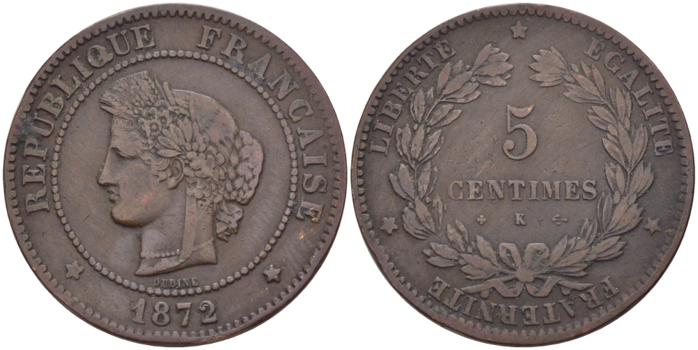 ФРАНЦИЯ 5 САНТИМОВ 1872 К, ТРЕТЬЯ РЕСПУБЛИКА (1871-1940) KM 821.2, LE FRANC 118.7 бронза 28-553