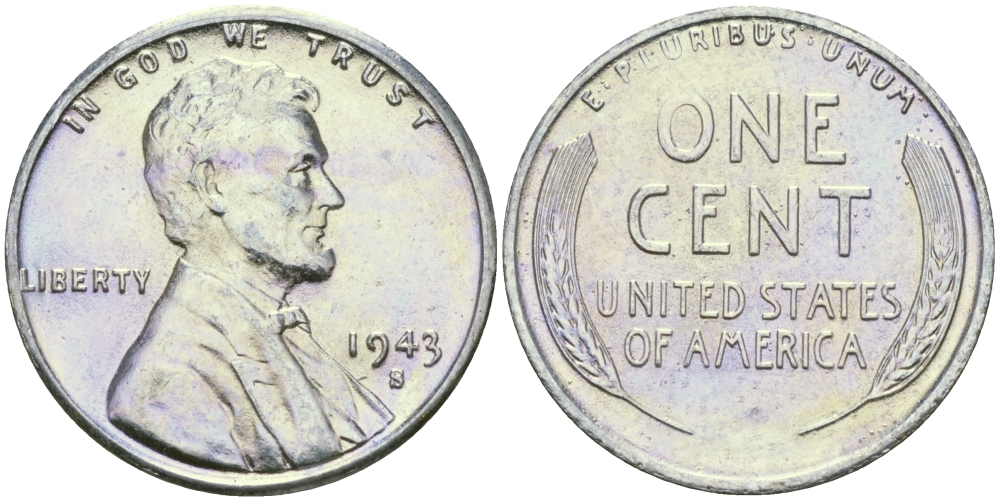 США 1 цент 1943 S (Сан-Франциско), Авраам Линкольн KM 132 a сталь плакированная цинком 96-1213