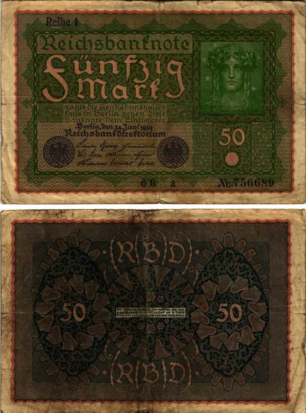 ГЕРМАНИЯ 50 МАРОК 1919 24 ИЮНЯ 1919, REIHE I, СЕРИЯ OG, ВЫПУСК С НОЯБРЯ 1919 ГОДА Pick 66, Rosenberg 62аа бумага 8607-99-1