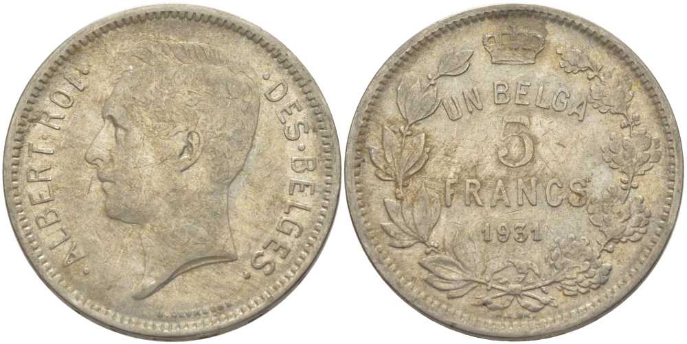 БЕЛЬГИЯ 5 ФРАНКОВ 1931 АЛЬБЕРТ I, DES BELGES KM 97.1 никель 3851-146