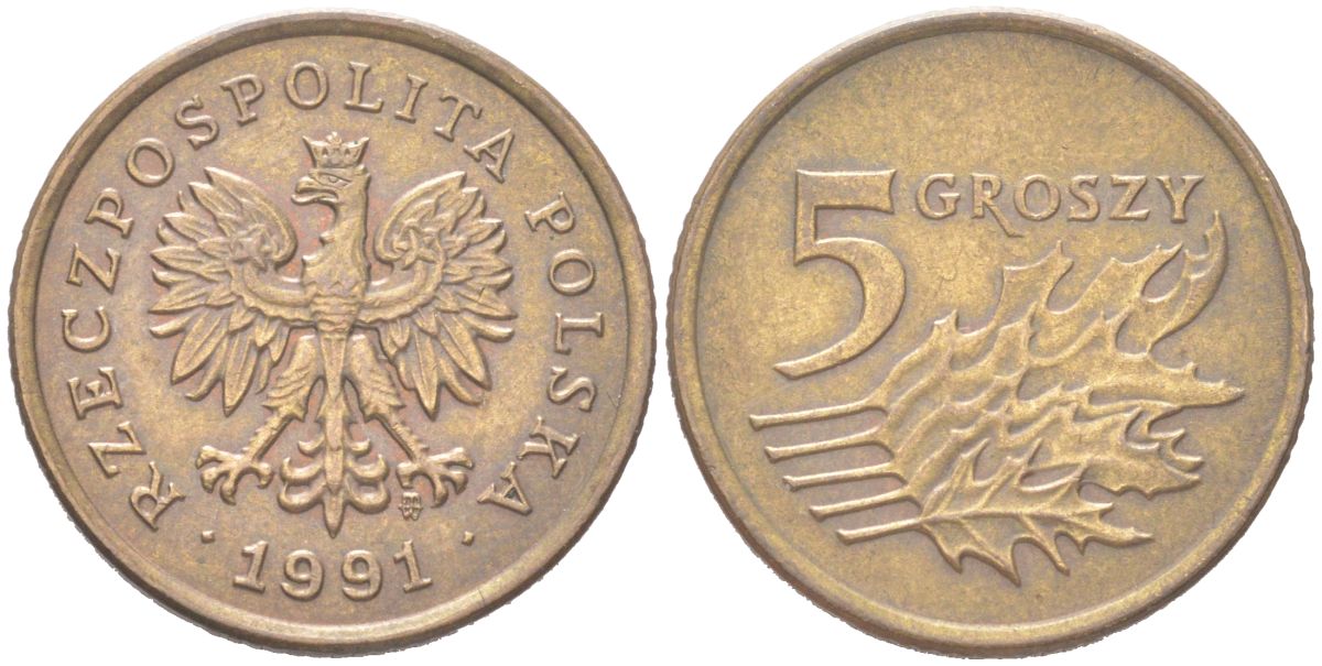Польша 5 грошей 1991 Y 278 марганец латунь UNC 4614-621