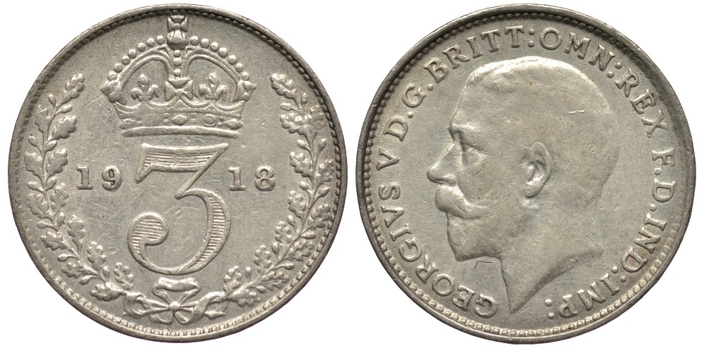 Великобритания 3 пенса 1918 Георг V (1910-1936) KM 813, Spink 4015 серебро 4528-461