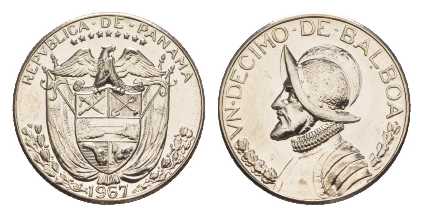 Панама 1/10 бальбоа (10 сентесимо) 1967 тираж 12.701 экземпляров KM 10 медь плакированная медно-никелем PROOF 1524-1311