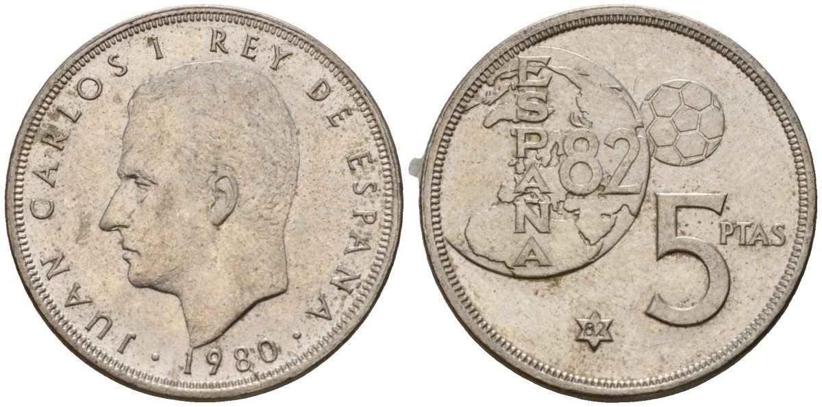 Испания 5 песет 1980 (82) Чемпионат мира по футболу в Испании 1982, Хуан Карлос I (1975-2014) KM 817 медно-никель 216-357