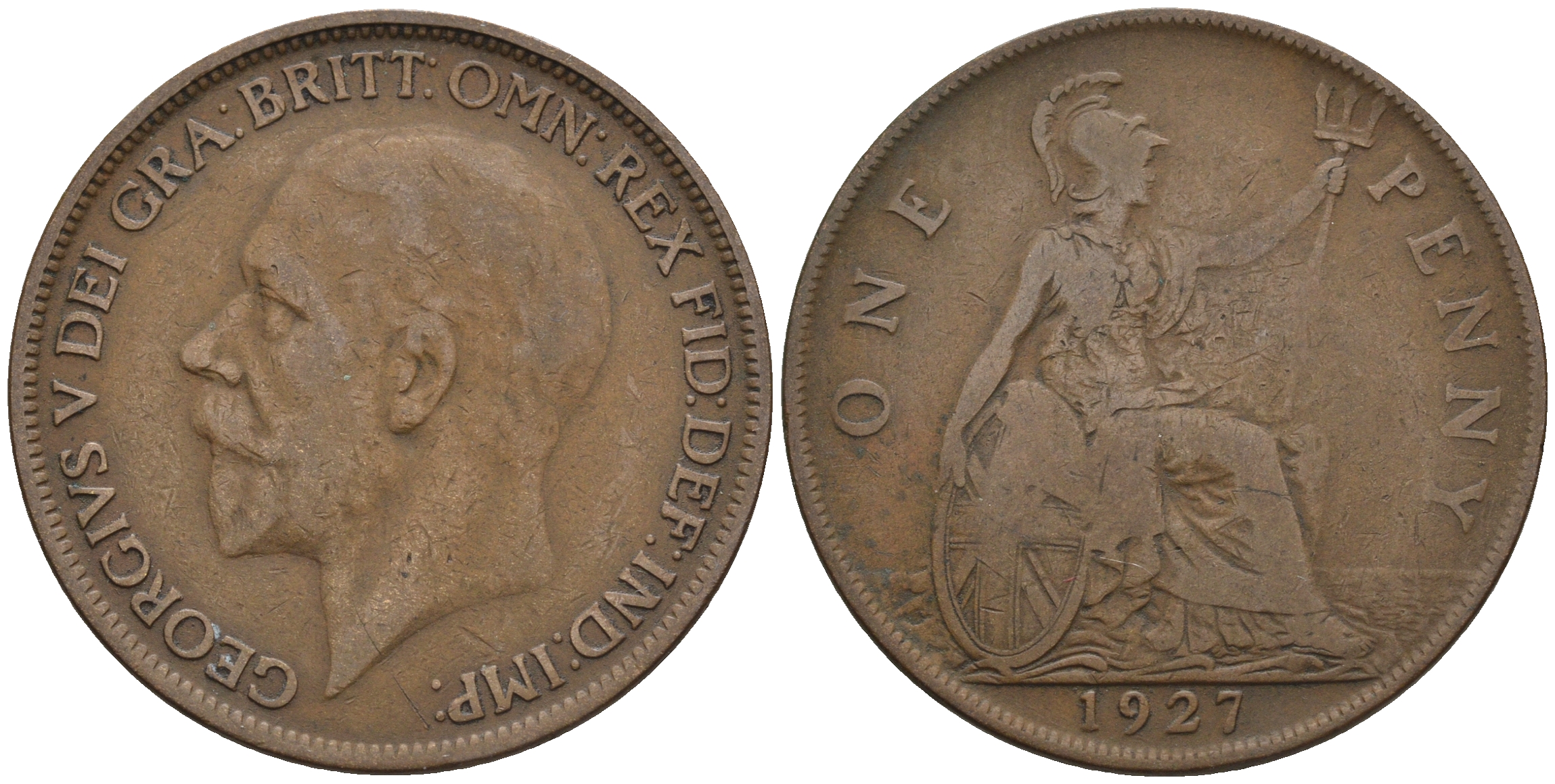 Великобритания 1 пенни 1927 Георг V (1910-1936) КМ 826, Spink 4054 бронза 4607-1043