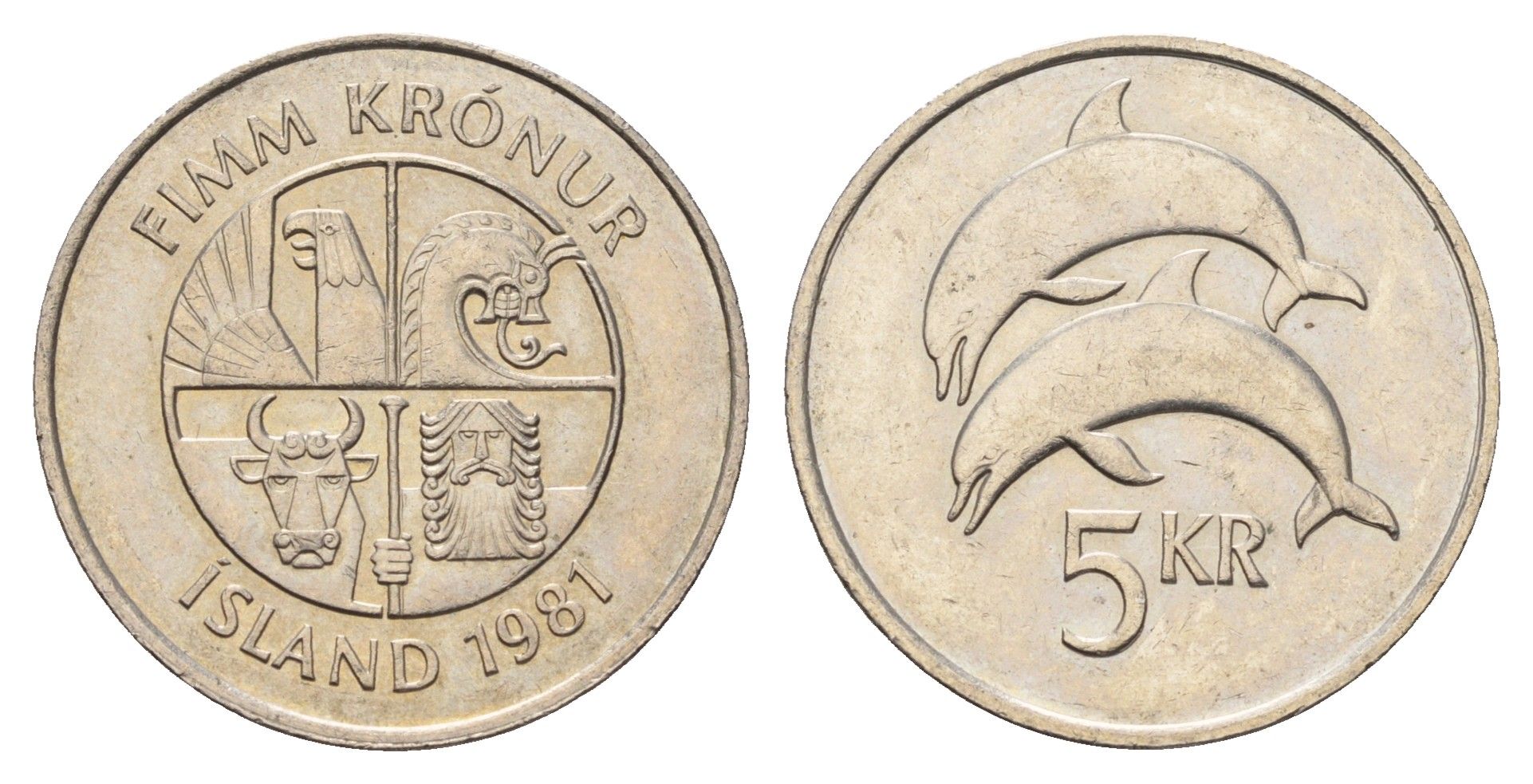 Исландия 5 крон 1981 дельфины KM 28 медно-никель UNC 4591-247