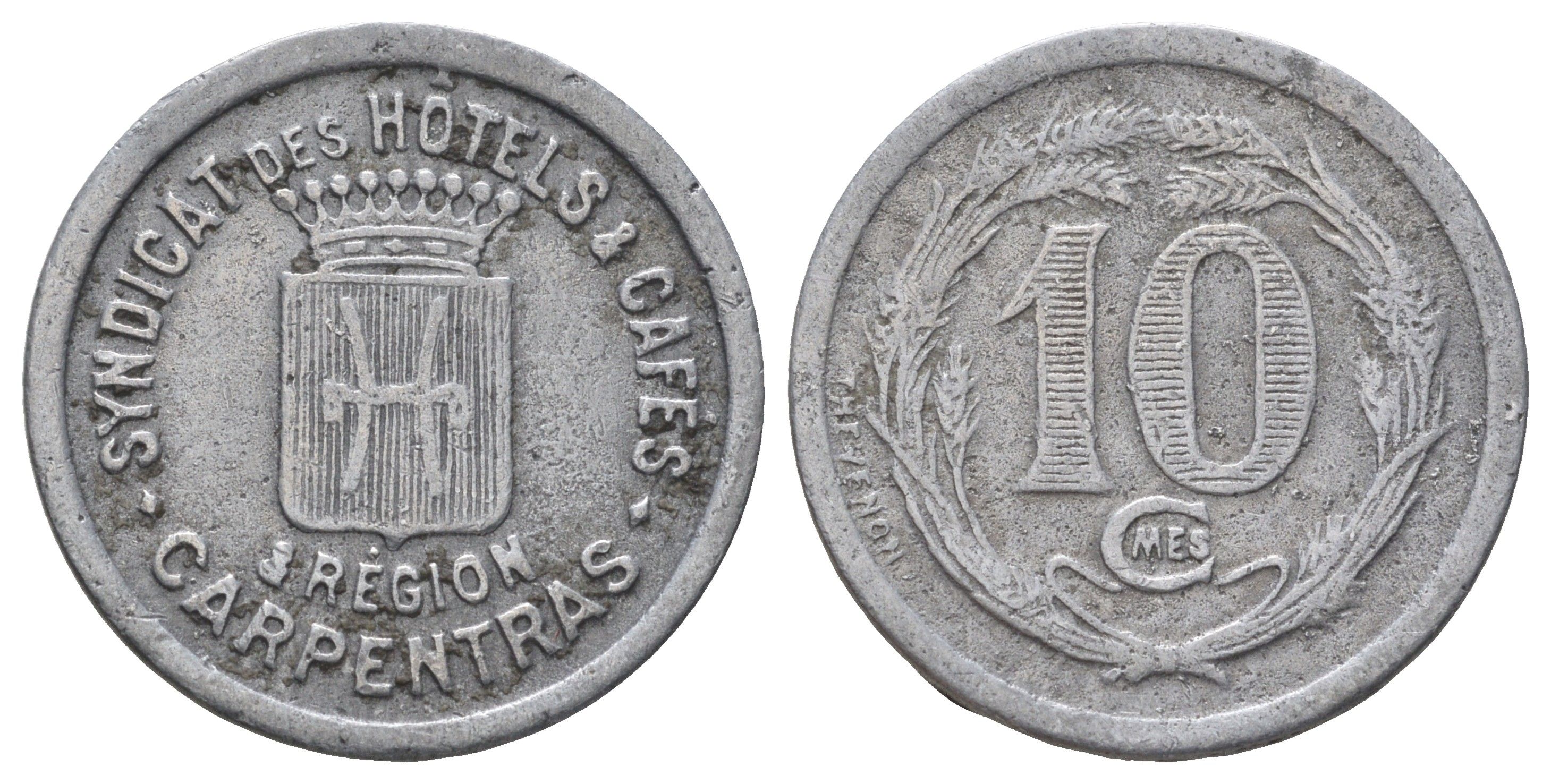 Франция, Карпантрас жетон в рестораны и кафе в 10 сантимов ND (1915) диаметр 25 мм, вес 1,66 гр Elie mon 10.1 алюминий 4127-2115