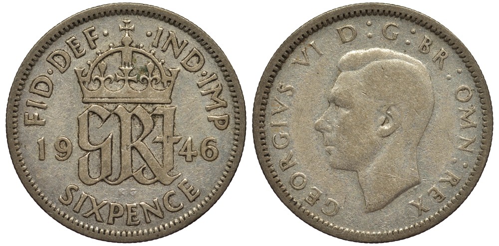 Великобритания 6 пенсов 1946 Георг VI (1936-1952) KM 852, Spink 4084 серебро 4538-635
