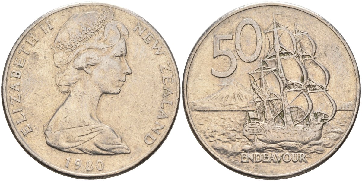Новая Зеландия 50 центов 1980 Елизавета II (1952-2022), парусник Индевор KM 37.1 медно-никель 4131-1223