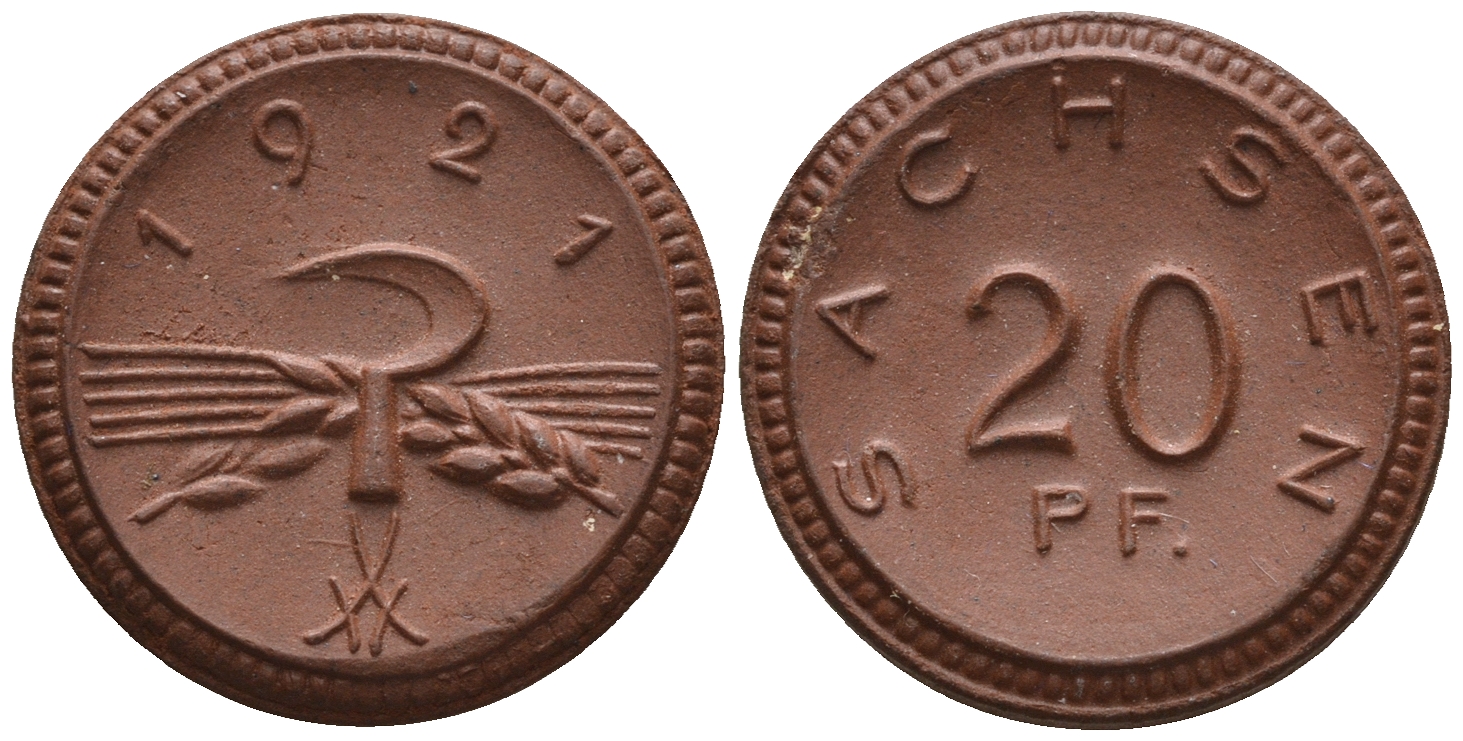Саксония 20 пфеннигов 1921 колосья и серп J. N 53 фарфор UNC 1094-8-73